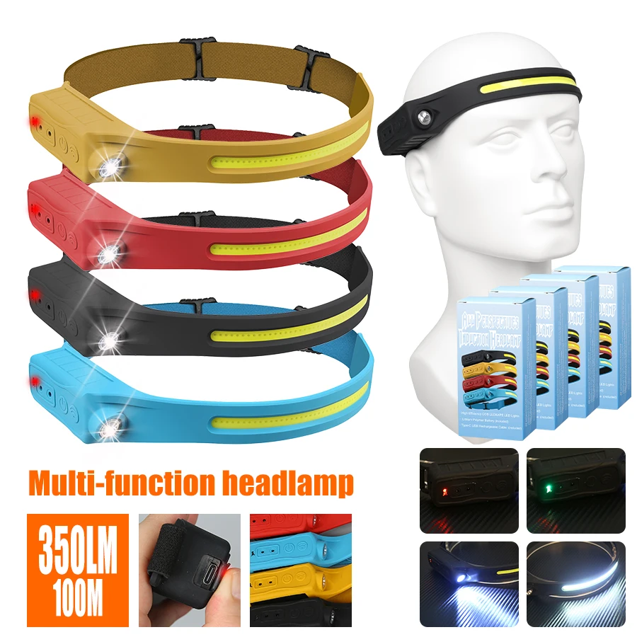 Headlamp Waterproof Rechargeable - Lampe frontale Rechargeable 350 Lumen capteur