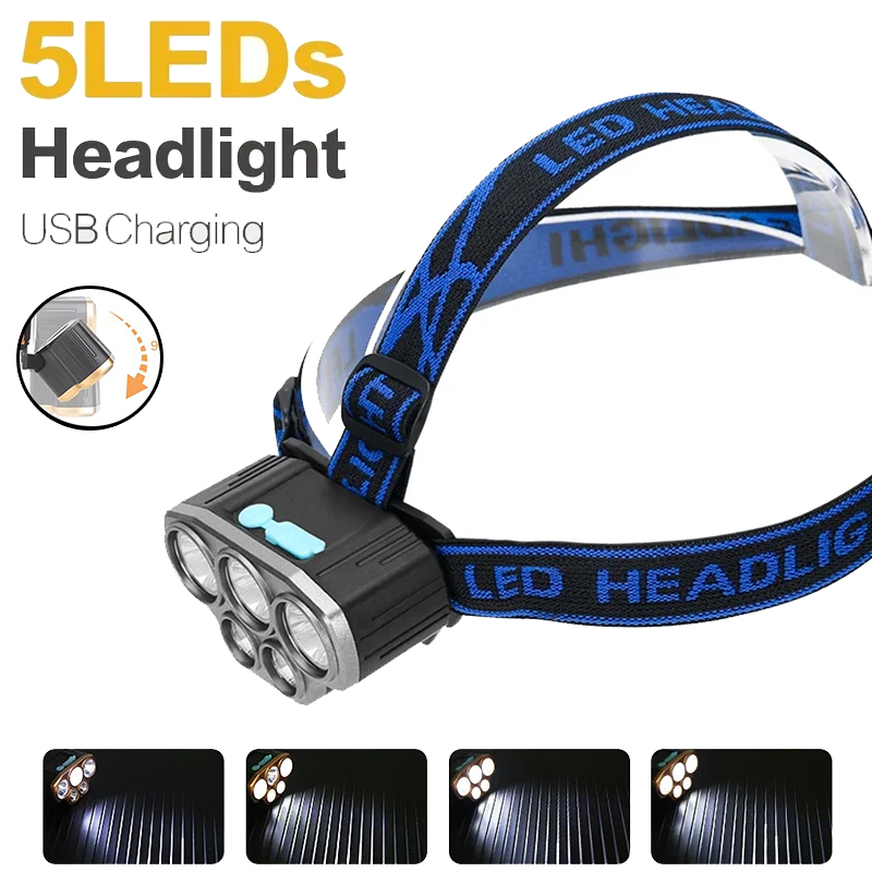 Headlamp Waterproof Rechargeable - Lampe frontale rechargeable à 5 LED,